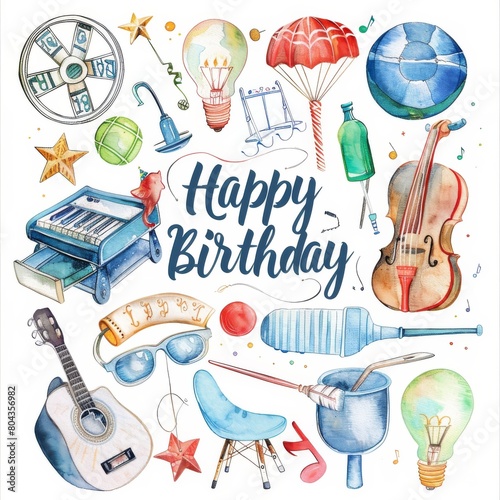 A watercolor painting of a birthday card with a variety of objects including musical instruments, toys, and other items. photo