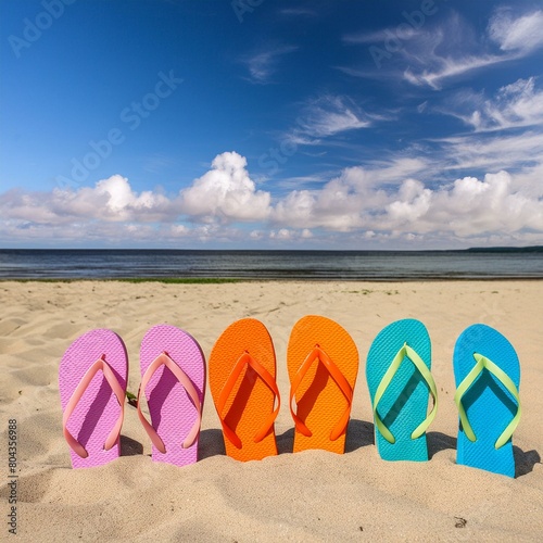 Colorful flip flops sandals on an empty sandy beach by the shore