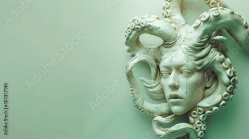 Hydra regenerating a head  capturing the moment of mythical rebirth  set against a minimalistic  light green background