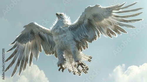 Illustration of a griffin in flight, clean sky behind, detailed feathers highlighted, perfect for mythological themes