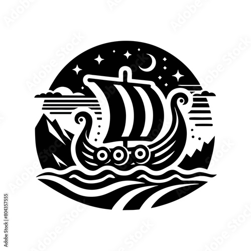 Viking Ship vector illustration. Vintage sailboat logo design