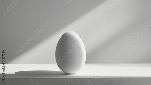 A white egg on a white table against a white background with a spotlight on it. photo