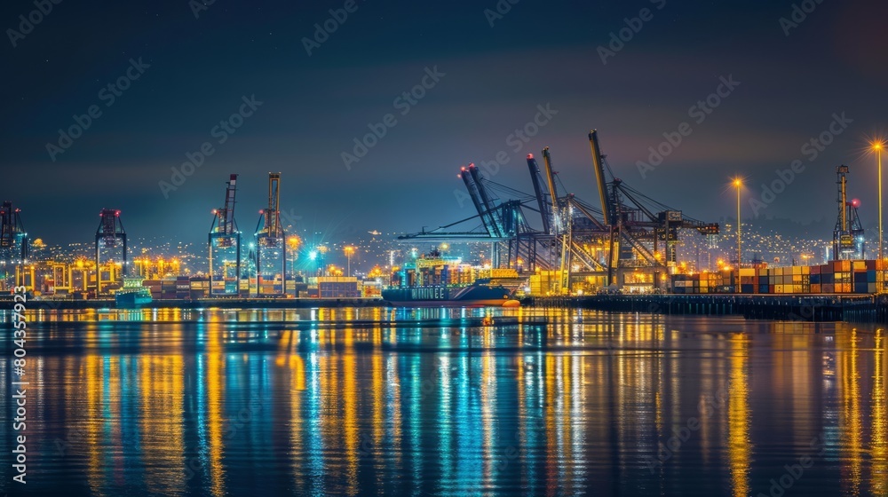 The industrial pulse of a port at night, with the glow of city lights reflecting off the water and illuminating the bustling activity on the docks
