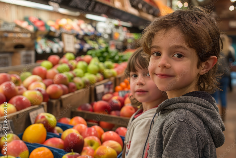 Fototapeta premium City Market Exploration : A family with children exploring a city market, dressed in casual and comfortable clothing, experiencing the sights, sounds, and flavors of the urban market.