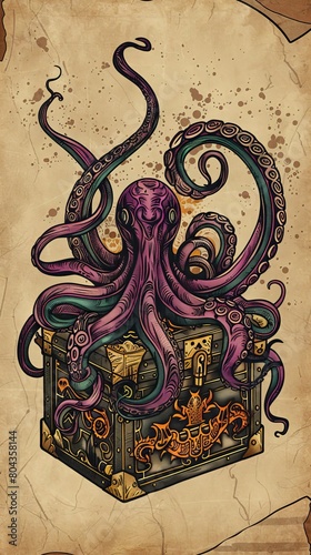 Krakens tentacles wrapped around a treasure chest, vivid and detailed against a simple, sandycolored background photo