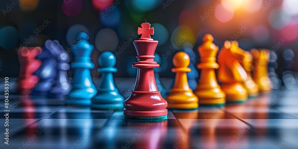 Strategic Business Chess Game with Colorful Pieces on Glass Table