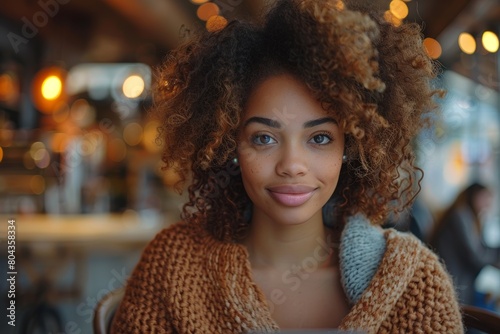 A young woman with curly hair gives a soft smile in a well-lit coffee shop setting