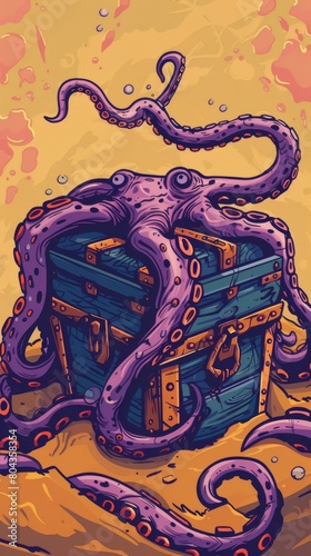 Krakens tentacles wrapped around a treasure chest, vivid and detailed against a simple, sandycolored background photo