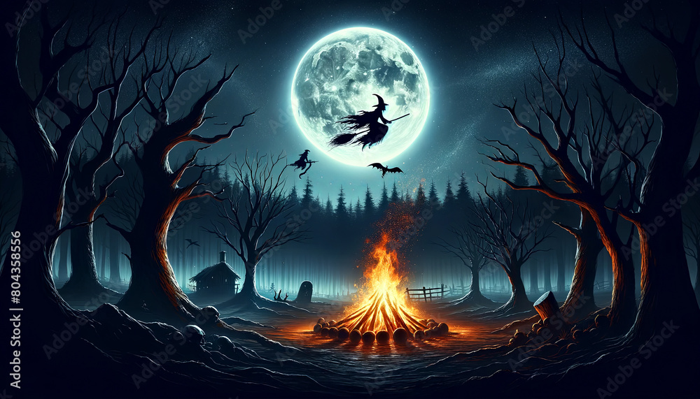 A witch flying over a campfire in the woods