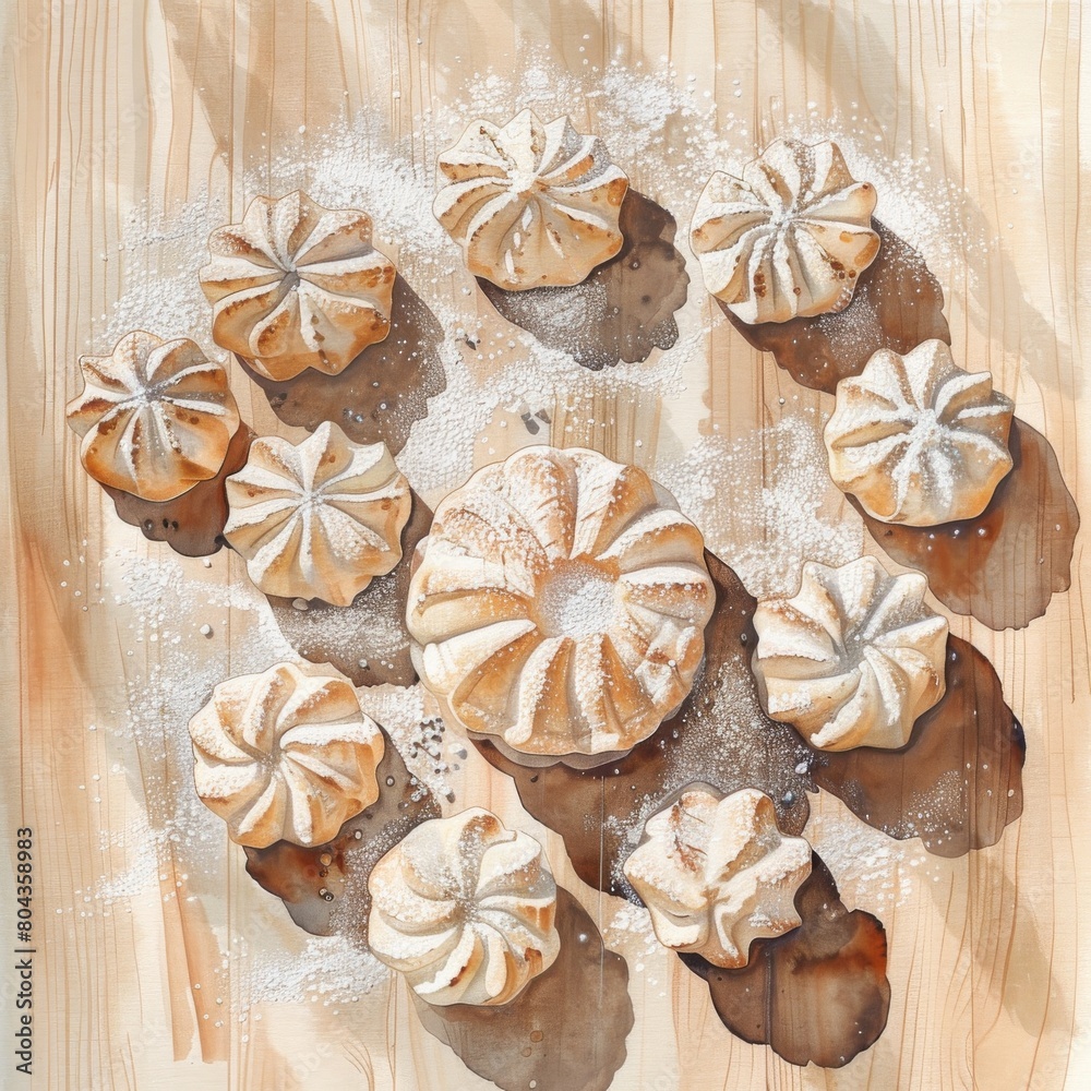 A watercolor painting of a dozen cream puffs on a wooden table dusted with powdered sugar. A watercolor painting of a dozen cream puffs on a wooden table dusted with powdered sugar.