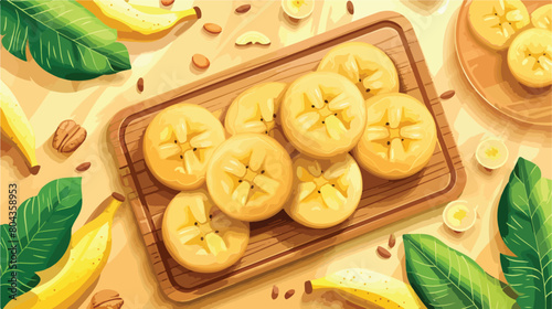 Board with tasty banana cookies on color background Vector