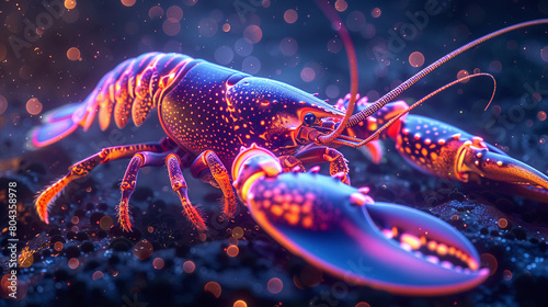 Luminous neon lobster, closeup, claws glowing in a digital ocean floor photo