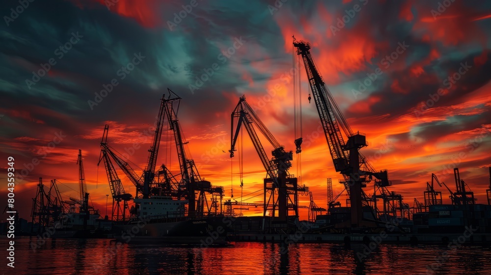 The industrial silhouette of cranes and cargo ships against the backdrop of a fiery sunset sky,The port is alive with activity