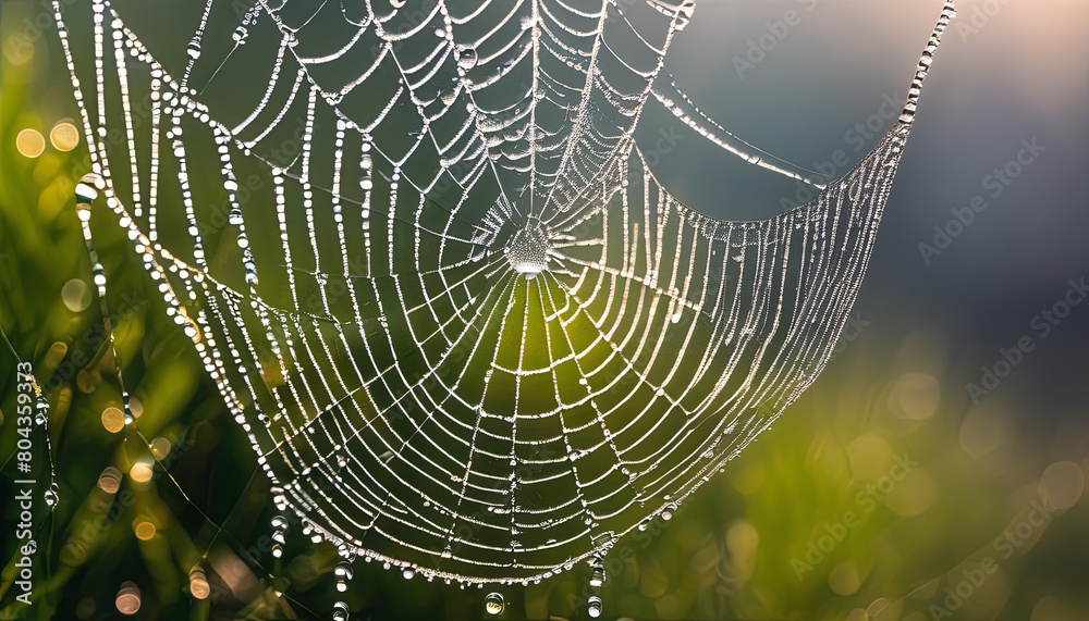 Macro photography of dewdrops on a spiderweb, with morning sunlight creating rainbows Macro photography of dewdrops on a spiderweb, with morning sunlight creating rainbows