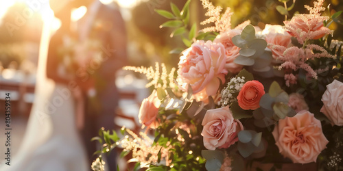 Beautiful flower bouquet as a wedding decoration in outdoor wedding venue, with bride and groom on the background. photo