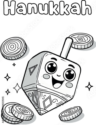 Creating a Hanukkah coloring page. Holiday symbols: dreidel, coins. Black and white linear vector illustration. Coloring pages for children.