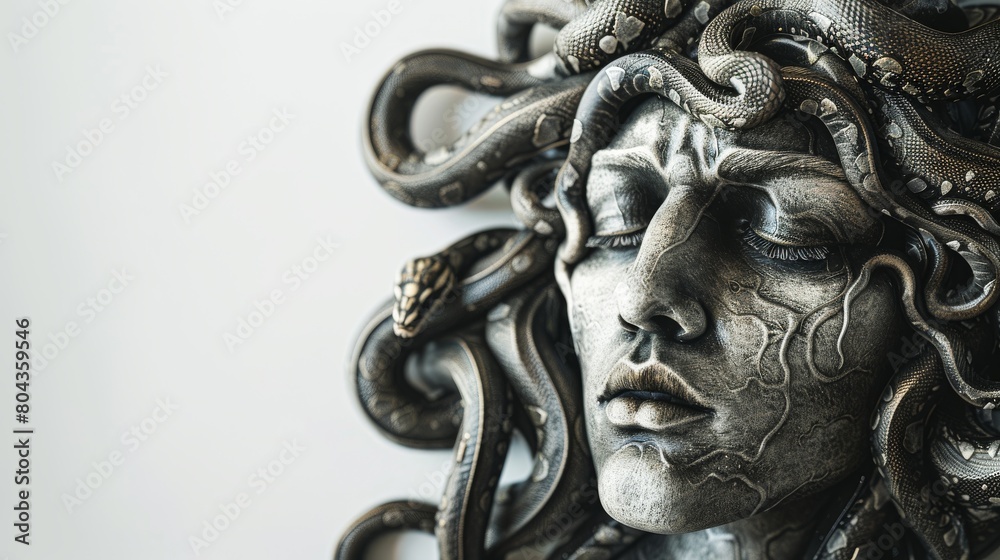 Medusa with a serene expression, snakes in her hair subtly moving, set against a stark, white background