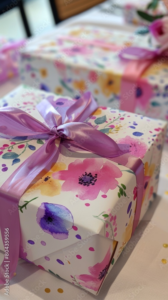 A beautifully wrapped present with a purple ribbon.