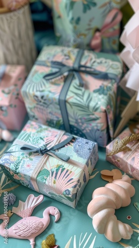 Gifts wrapped in pink and blue floral paper, next to pink flamingo and seashell decorations.