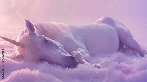 Mythical unicorn lying down, surrounded by faint glimmers of light, on a clean, uncluttered lavender background