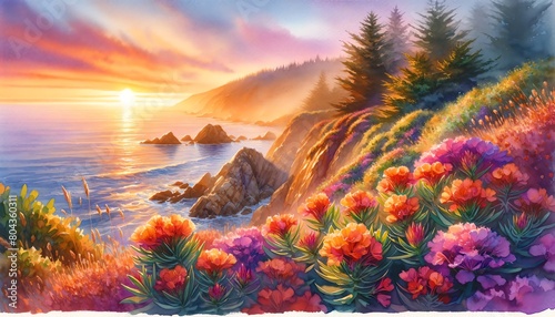 Fototapeta Naklejka Na Ścianę i Meble -  Watercolor painting of Cuphea flowers on a cliff