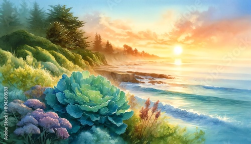Watercolor painting of Sea Kale on a cliff photo