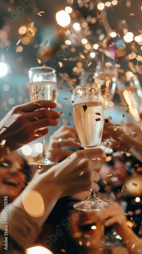 A group of people are celebrating with champagne and confetti.