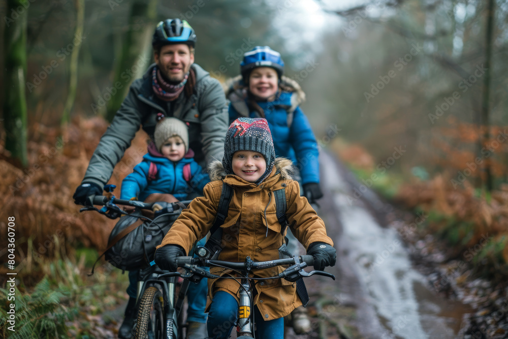 Fototapeta premium Family Bike Ride - Sporty Family Look: A family with children going for a bike ride, dressed in sporty and practical clothing, enjoying a day of outdoor exercise and fun.