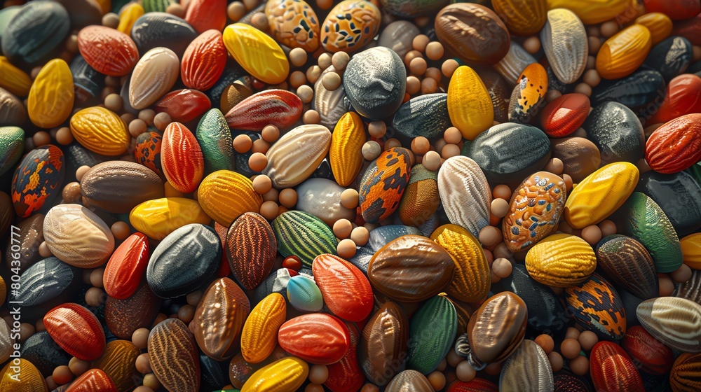 Craft a detailed close-up digital painting showcasing a variety of nutrient-packed pellets arranged in an appealing manner Use realistic textures to highlight the quality of ingred