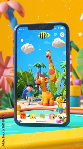 A 3D rendering of a smart phone with a cartoon giraffe on the screen. photo