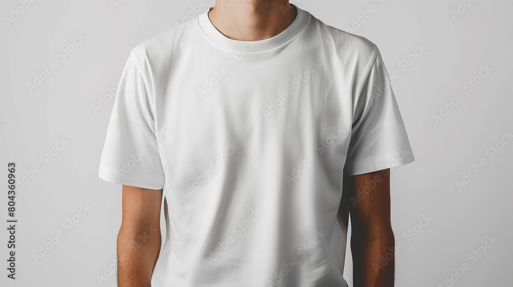 A person wearing a plain white t-shirt, ideal for branding, on a light gray background, Generative AI A person wearing a plain white t-shirt, ideal for branding, on a light gray background, Generative AI