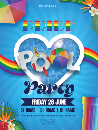 pride pool party poster with heart shaped swimming pool and infalatables