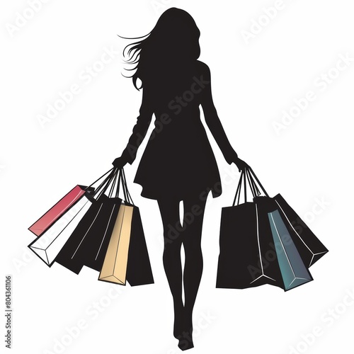 A woman in a dress is walking away from the viewer, carrying several shopping bags.