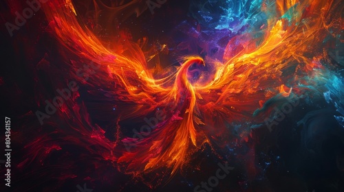 Phoenix rising from flames, vibrant colors against a stark black background, emphasizing rebirth and power