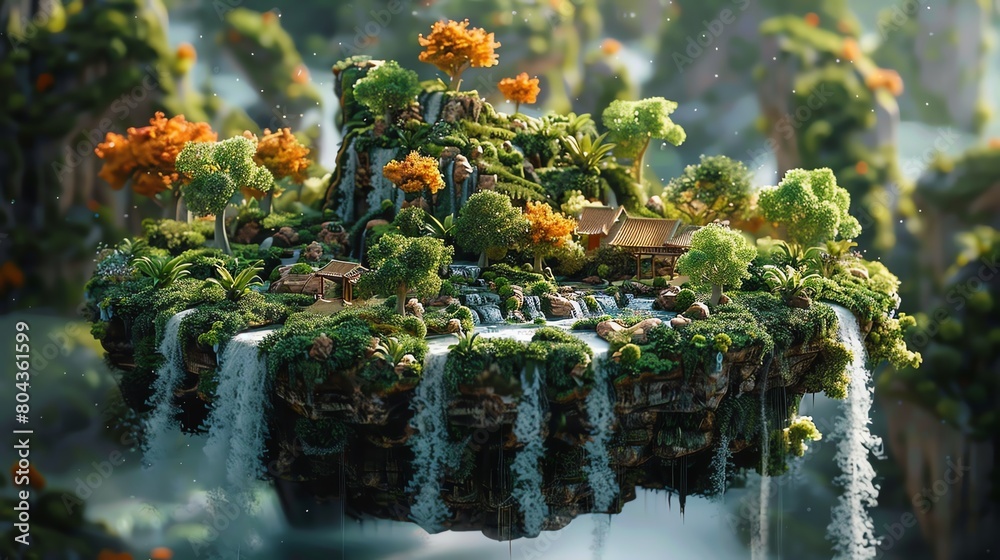Illustrate a whimsical 3D render of an enchanting floating island