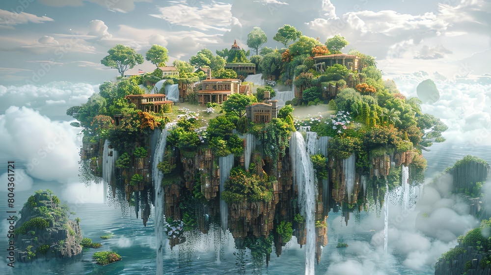 Illustrate a whimsical 3D render of an enchanting floating island