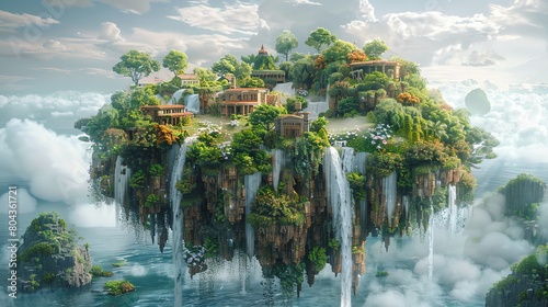 Illustrate a whimsical 3D render of an enchanting floating island solely devoted to pet food production © Navaporn