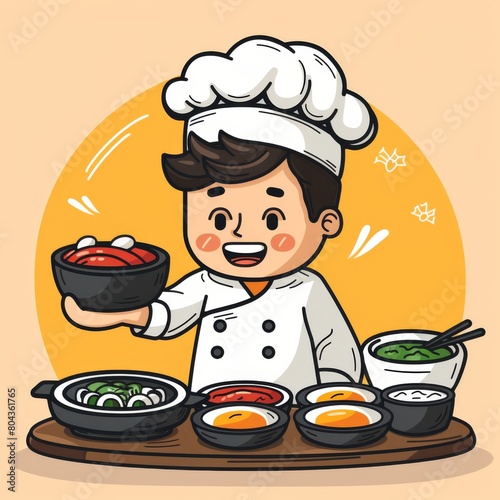 A cartoon chef holding a bowl of soup. There are several bowls of food on the table.