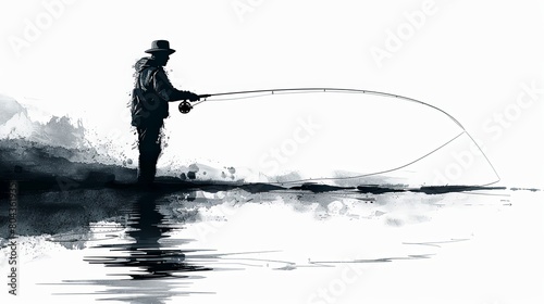 Illustration of fisherman with rod and line outline icon photo