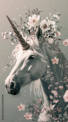 Portrait of a majestic unicorn adorned with delicate flowers, serene expression, against a minimalist gray backdrop