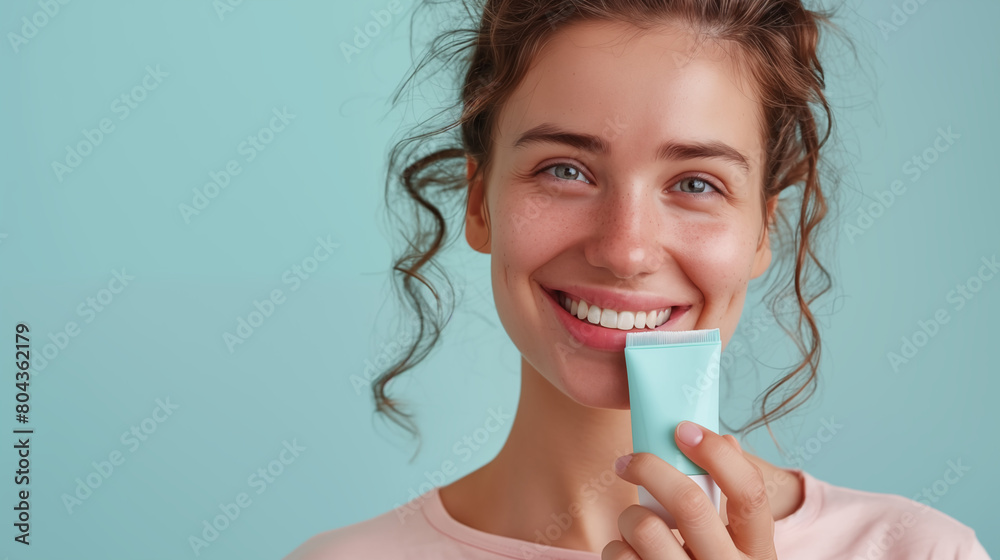 Beautiful young woman showing a mockup product in a tube to the camera on a plain background Beautiful young woman showing a mockup product in a tube to the camera on a plain background