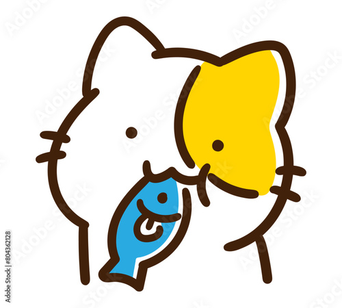 魚を咥えてぼーっとするかわいいねこのキャラクターのデフォルメイラスト