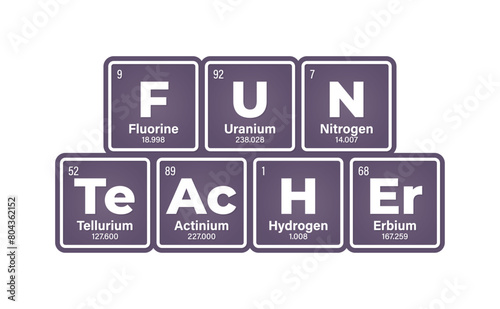 Vector text: FUN TEACHER composed of individual elements of the periodic table. Isolated on white background.