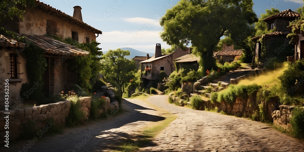 Panoramic view of a small village in the English countryside.