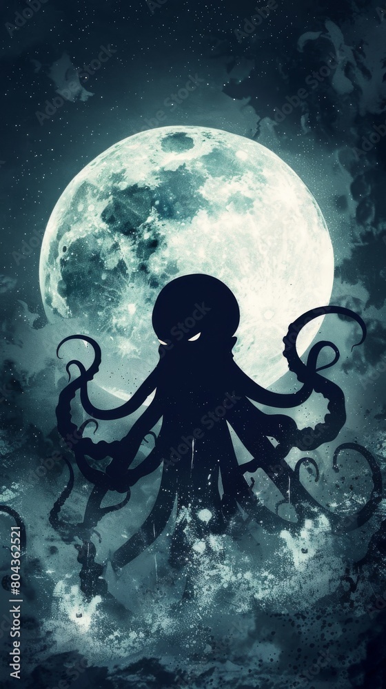 Silhouette of a Kraken under a full moon, simple and mysterious, set against a clear, dark night sky
