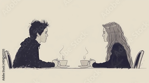 Two people man and woman meeting eachother in restaurant having a coffee drink sitting at table photo