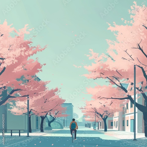 A man riding a bicycle down a street lined with cherry trees in bloom. The cherry blossoms are pink and white. The sky is blue and the sun is shining. photo