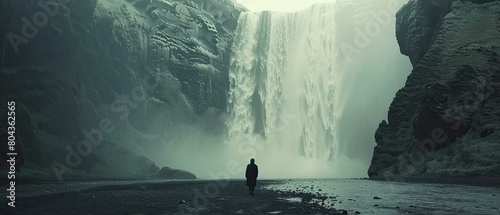 Man observing majestic waterfall in natural landscape © Alexei