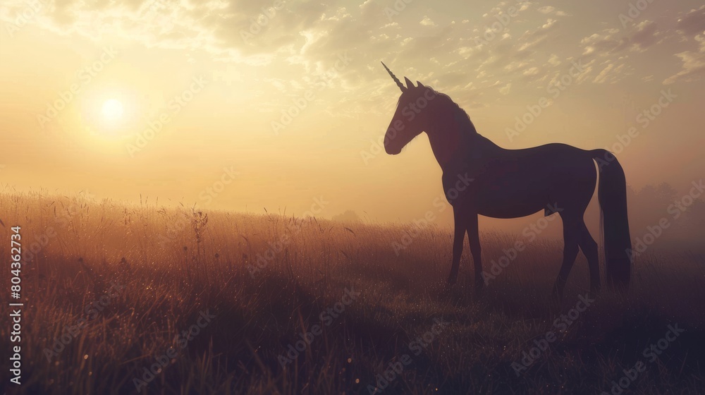 Silhouette of a unicorn in a peaceful stance, sunset hues behind, creating a calm and magical atmosphere