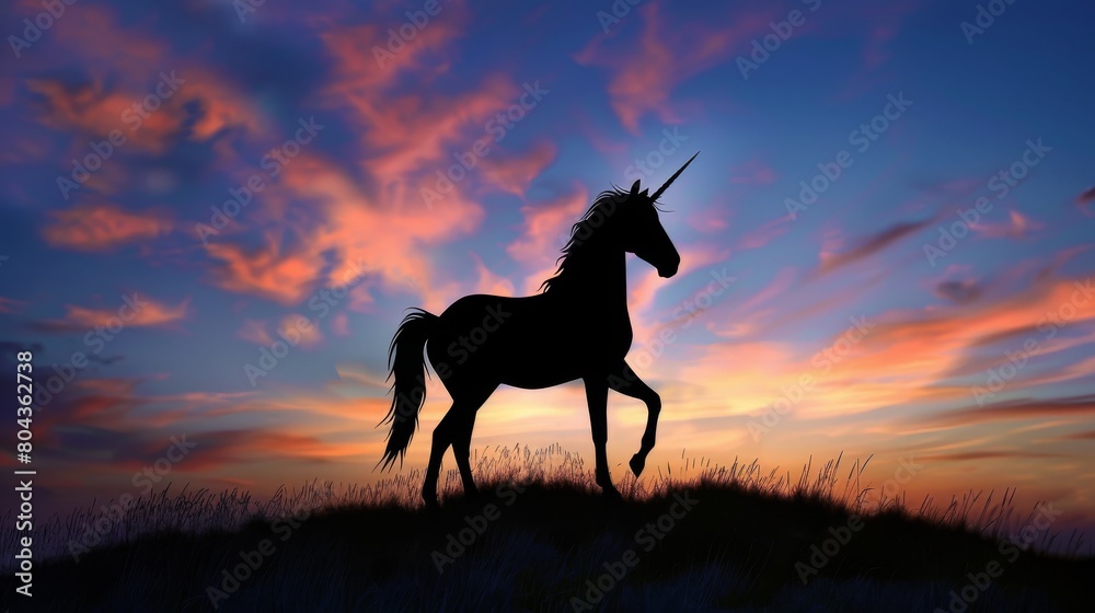 Silhouette of a unicorn in a peaceful stance, sunset hues behind, creating a calm and magical atmosphere Silhouette of a unicorn in a peaceful stance, sunset hues behind, creating a calm and magical atmosphere